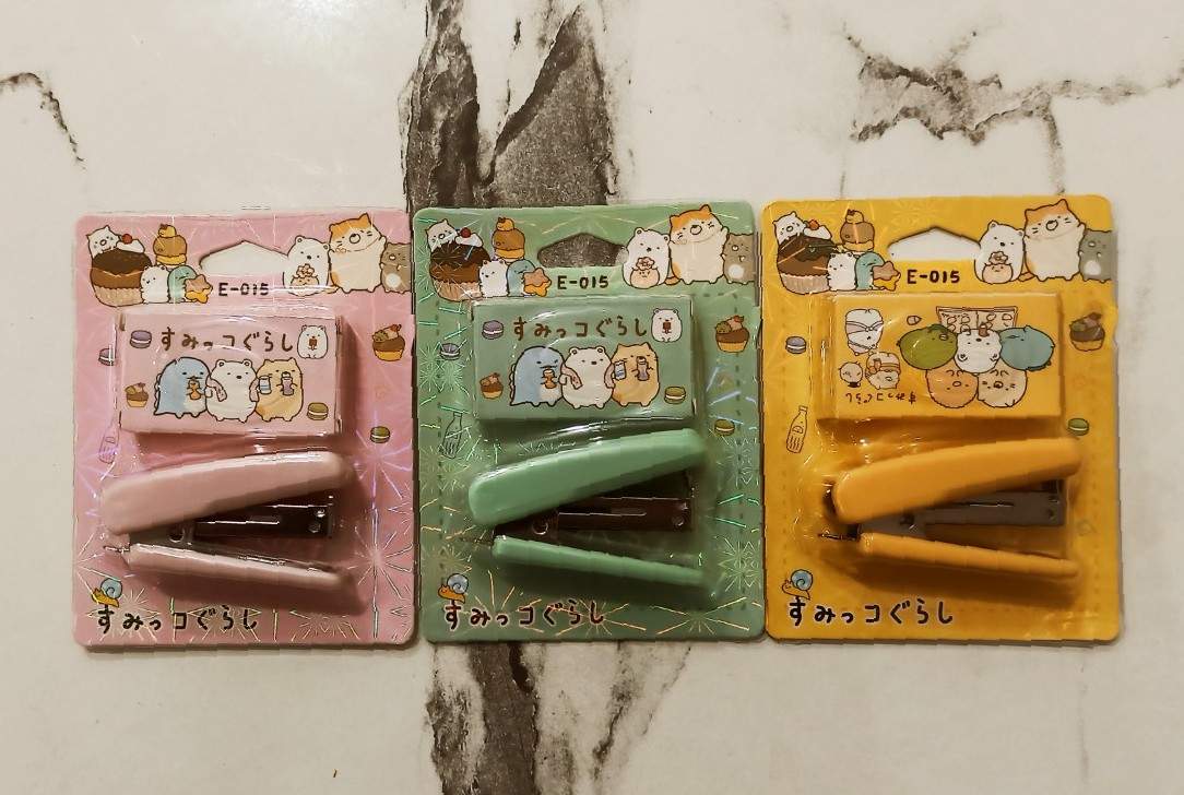 Sumikko Gurashi Kawaii Mini Staplers - Cute Character-Themed Stationery in Pink, Green, and Yellow (Pack of 3)