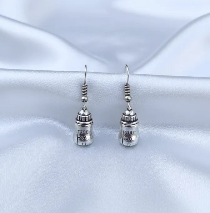 Handcrafted Silver-Toned Baby Bottle Dangle Earrings with Scale Design - Cute Drop Earrings for Women
