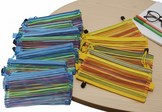 Colorful Mesh Zipper Pouches - Vibrant Storage Bags with Drawstring Closure (Pack of 12)