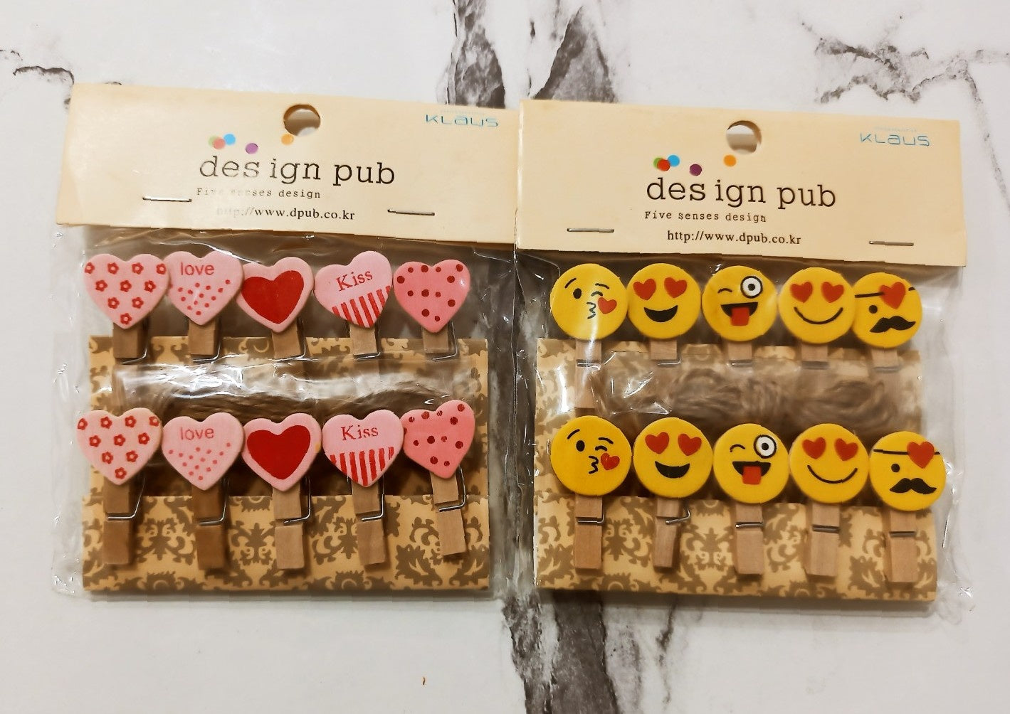 Design Pub Klaus Decorative Wooden Clips - Heart and Emoji-Themed Craft Clips Set for Photos and Crafts (Pack of 2)