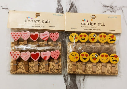 Design Pub Klaus Decorative Wooden Clips - Heart and Emoji-Themed Craft Clips Set for Photos and Crafts (Pack of 2)