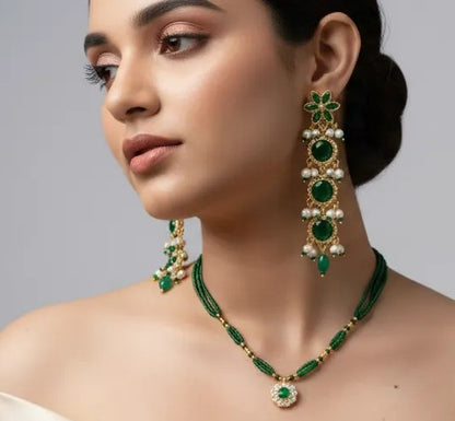 Elegant Green Emerald-Inspired Chandbali Jhumka Earrings with Pearl Tassel Drops and Matching Beaded Necklace Set