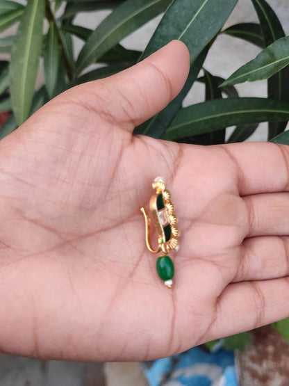 Emerald Glow Trendy Nose Pin with Pearl Accents for Festivals and Parties - Luxe Ethnic Jewelry Statement Piece