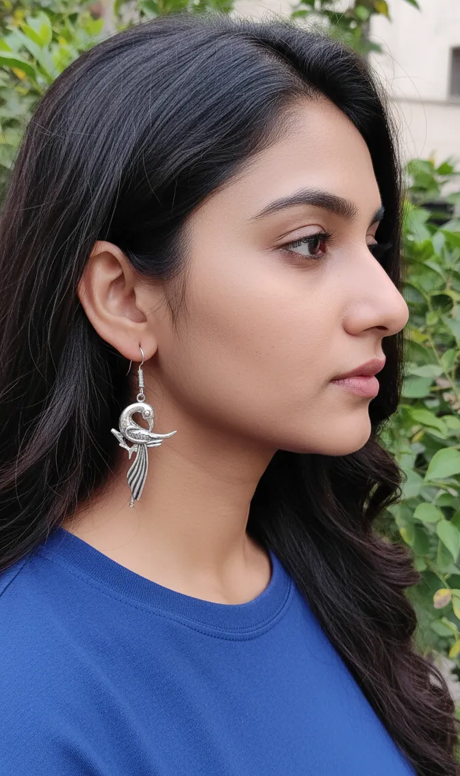 Handcrafted Silver-Toned Peacock Dangle Earrings with Intricate Feather Detailing - Elegant Ethnic Drop Earrings for Women