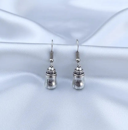 Handcrafted Silver-Toned Baby Bottle Dangle Earrings with Scale Design - Cute Drop Earrings for Women