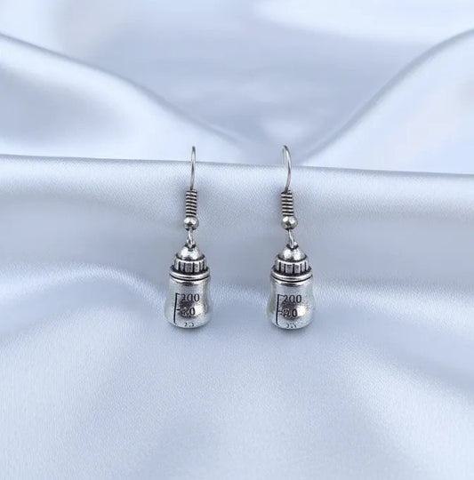 Handcrafted Silver-Toned Baby Bottle Dangle Earrings with Scale Design - Cute Drop Earrings for Women