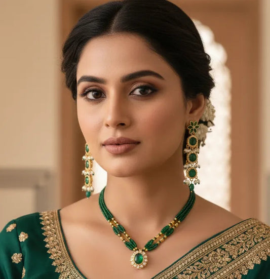 Elegant Green Emerald-Inspired Chandbali Jhumka Earrings with Pearl Tassel Drops and Matching Beaded Necklace Set