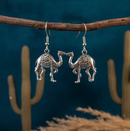 Handcrafted Silver-Toned Camel Dangle Earrings - Bohemian Desert-Inspired Drop Earrings for Women