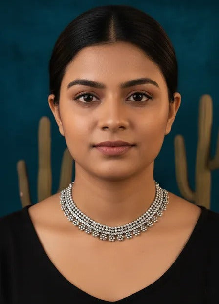 Handcrafted Silver-Toned Pearl and Bead Choker Necklace - Elegant Ethnic Jewelry for Women