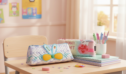 Cute Bunny Bow Quilted Pencil Case - Kawaii Stationery Pouch (Pack of 2)
