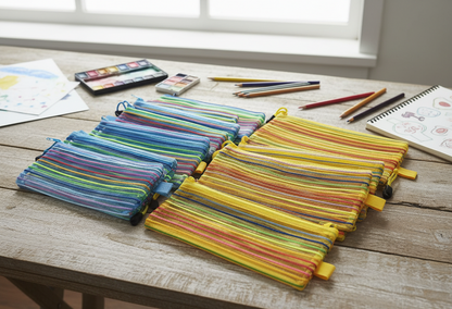 Colorful Mesh Zipper Pouches - Vibrant Storage Bags with Drawstring Closure (Pack of 12)