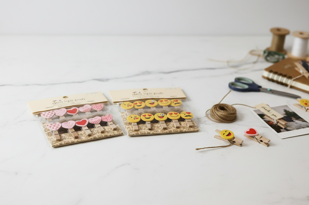 Design Pub Klaus Decorative Wooden Clips - Heart and Emoji-Themed Craft Clips Set for Photos and Crafts (Pack of 2)