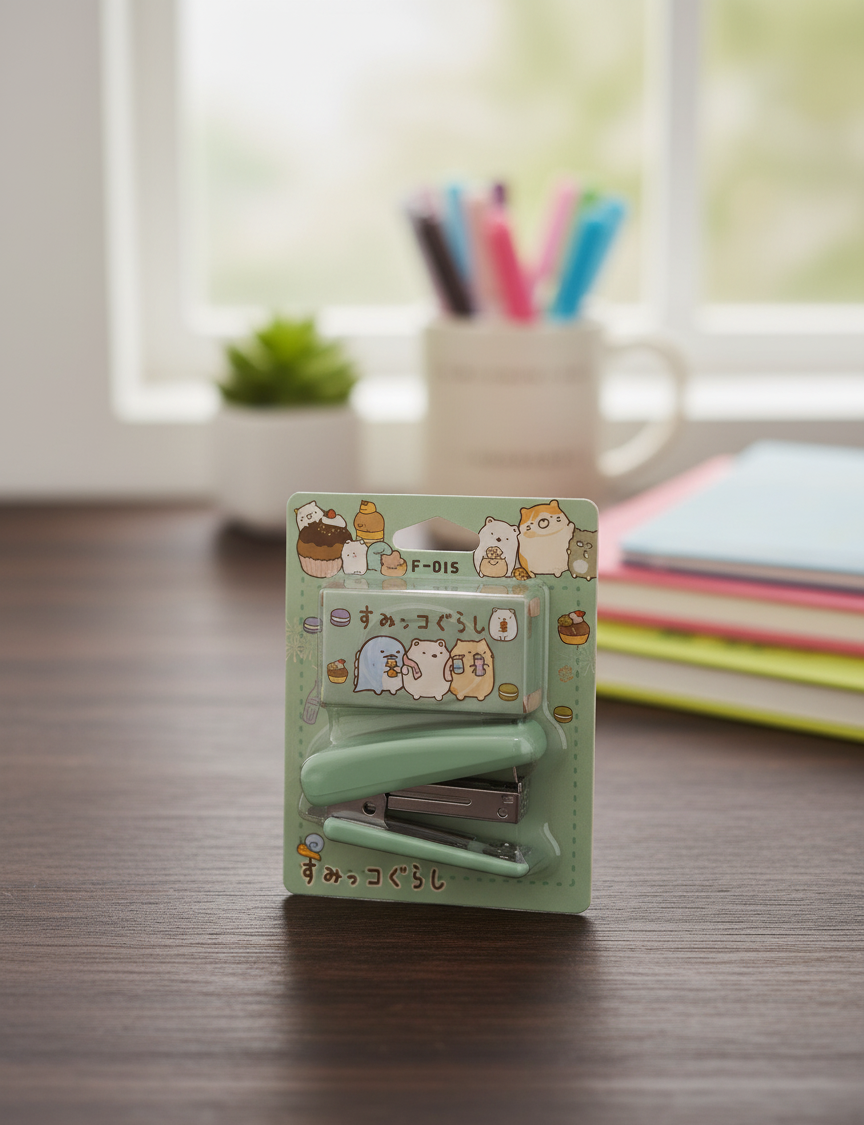 Sumikko Gurashi Kawaii Mini Staplers - Cute Character-Themed Stationery in Pink, Green, and Yellow (Pack of 3)