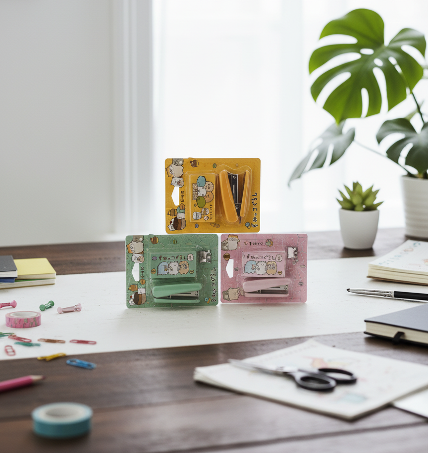 Sumikko Gurashi Kawaii Mini Staplers - Cute Character-Themed Stationery in Pink, Green, and Yellow (Pack of 3)