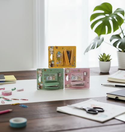 Sumikko Gurashi Kawaii Mini Staplers - Cute Character-Themed Stationery in Pink, Green, and Yellow (Pack of 3)