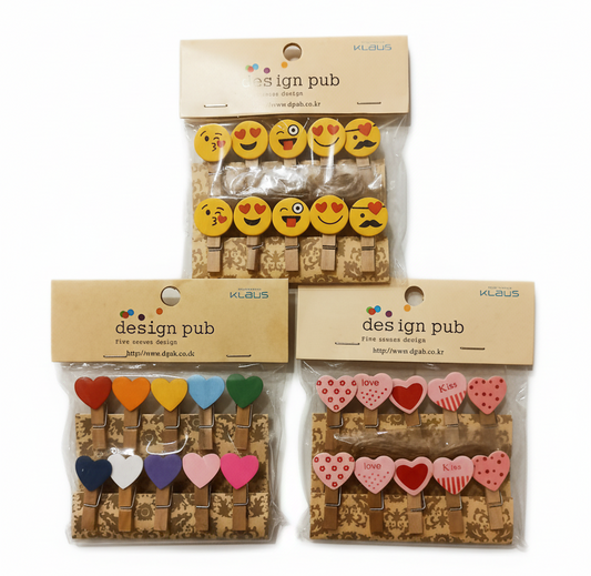 Design Pub Klaus Decorative Wooden Clips - Emoji and Heart-Themed Craft Clips for Photos, Notes, and DIY Projects (Pack of 3)