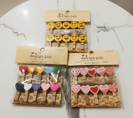 Design Pub Klaus Decorative Wooden Clips - Emoji and Heart-Themed Craft Clips for Photos, Notes, and DIY Projects (Pack of 3)