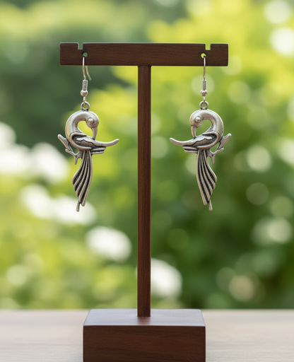 Handcrafted Silver-Toned Peacock Dangle Earrings with Intricate Feather Detailing - Elegant Ethnic Drop Earrings for Women