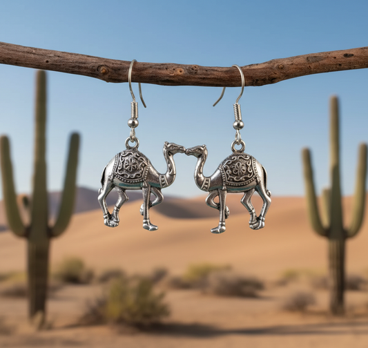 Handcrafted Silver-Toned Camel Dangle Earrings - Bohemian Desert-Inspired Drop Earrings for Women