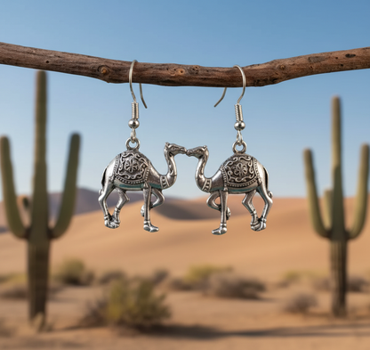 Handcrafted Silver-Toned Camel Dangle Earrings - Bohemian Desert-Inspired Drop Earrings for Women