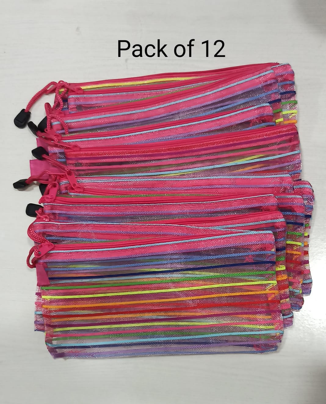 Colorful Mesh Zipper Pouches - Vibrant Storage Bags with Drawstring Closure (Pack of 12)