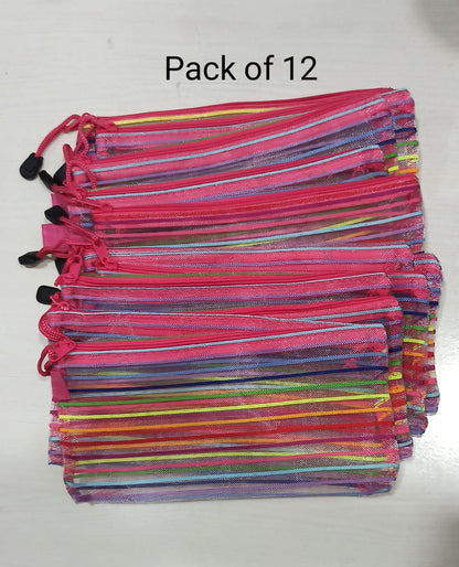 Colorful Mesh Zipper Pouches - Vibrant Storage Bags with Drawstring Closure (Pack of 12)