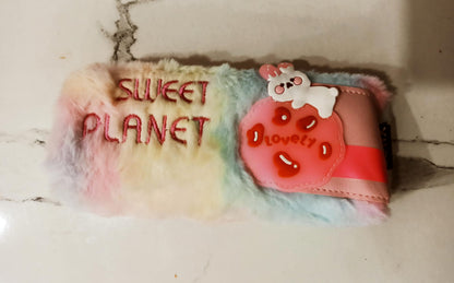 Sweet Planet Kawaii Bunny Pencil Case - Colorful Fluffy Stationery Pouch for Kids and Teens