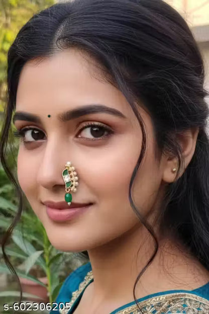 Emerald Glow Trendy Nose Pin with Pearl Accents for Festivals and Parties - Luxe Ethnic Jewelry Statement Piece