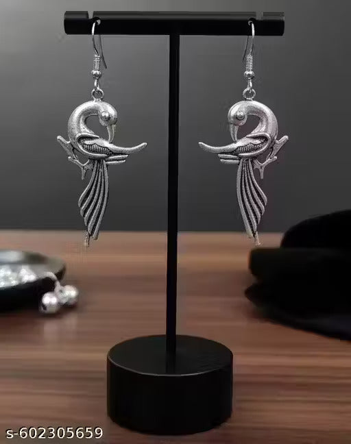 Handcrafted Silver-Toned Peacock Dangle Earrings with Intricate Feather Detailing - Elegant Ethnic Drop Earrings for Women