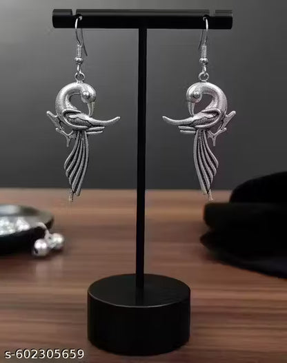 Handcrafted Silver-Toned Peacock Dangle Earrings with Intricate Feather Detailing - Elegant Ethnic Drop Earrings for Women